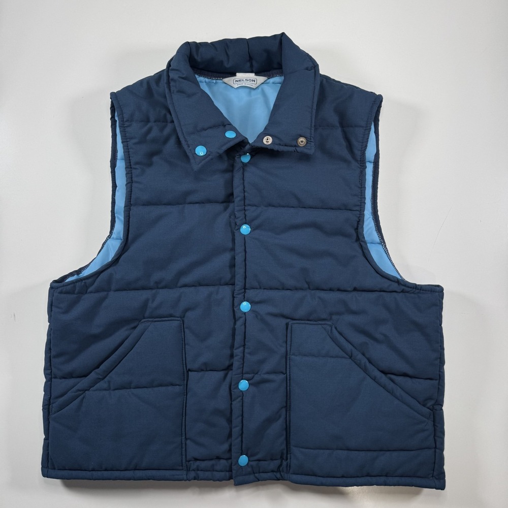 Vtg NELSON Snap Front Puffer Vest Mens‎ Large Blue Made in the USA Retro